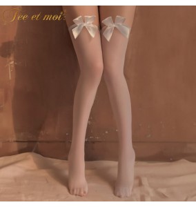 FEE ET MOI Bow Thigh High Stockings (White)